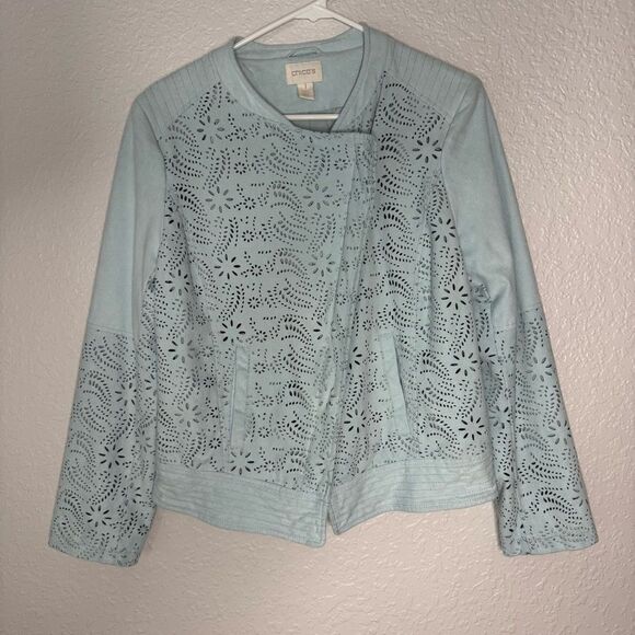Chicos Light Blue Laser Cut Moto Jacket Faux Suede Floral Slant Zip Size 1 / Med - Picture 1 of 8